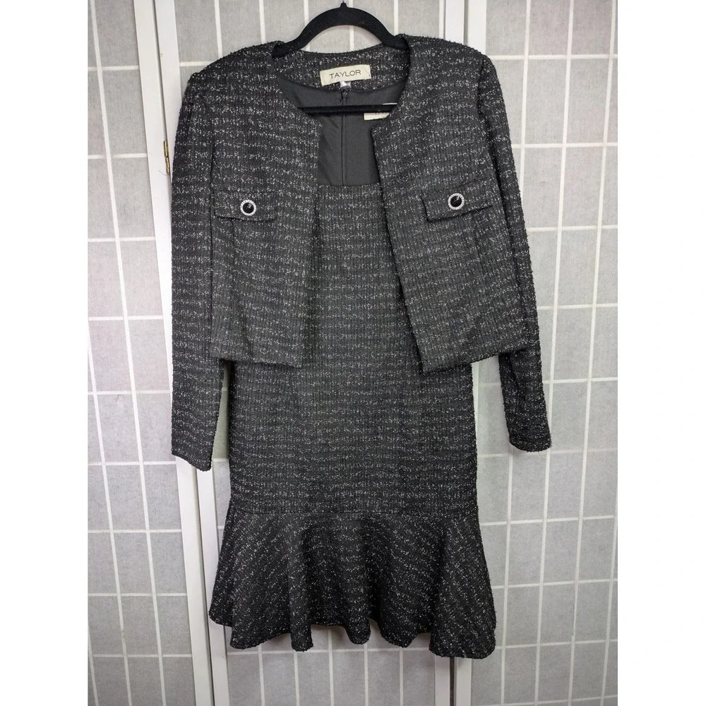 Taylor Womens Dress Set 2 Piece Size 8 $148 Metallic Black Tweed Holiday Career